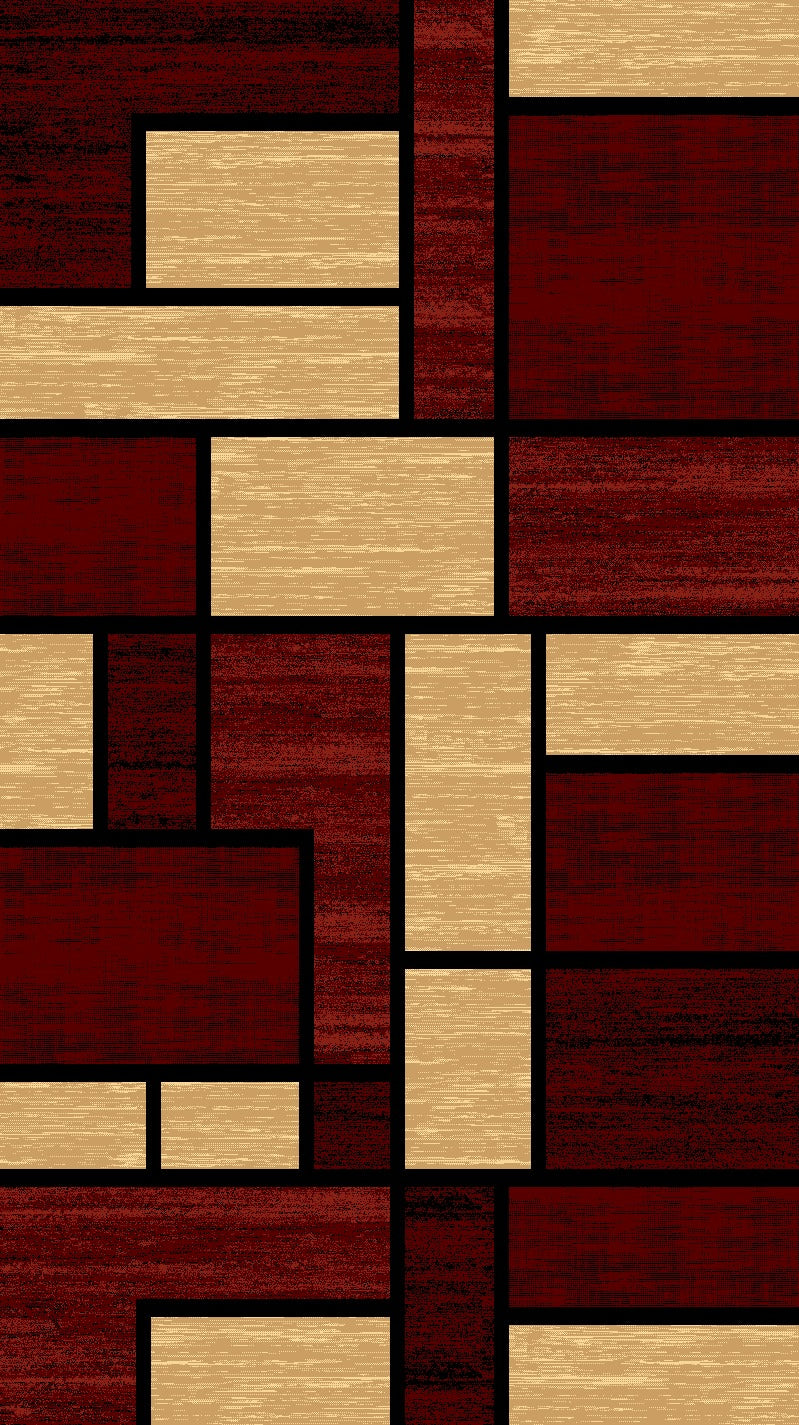 Alfombra Moderna Rojo Burdeos y Beige – Diseño Bloques Geométricos para Sala o Comedor