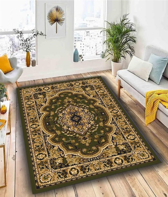 Alfombra Persa Verde y Beige | Diseño Oriental Medallón Premium