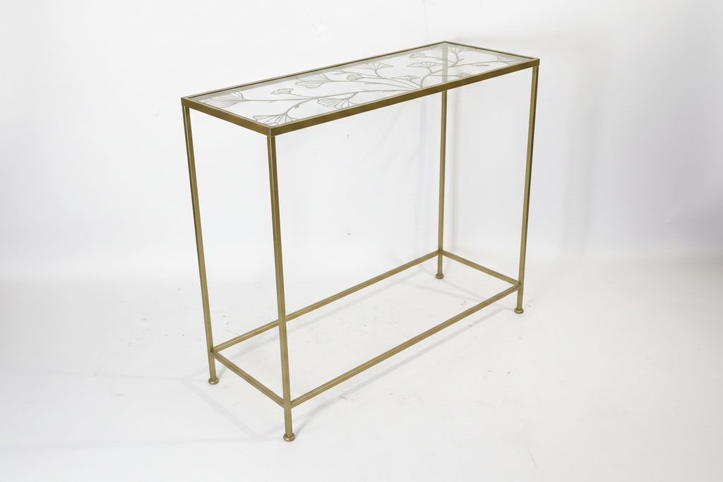 Consola Rectangular Dorada con Diseño Ginkgo en Vidrio – Set x2