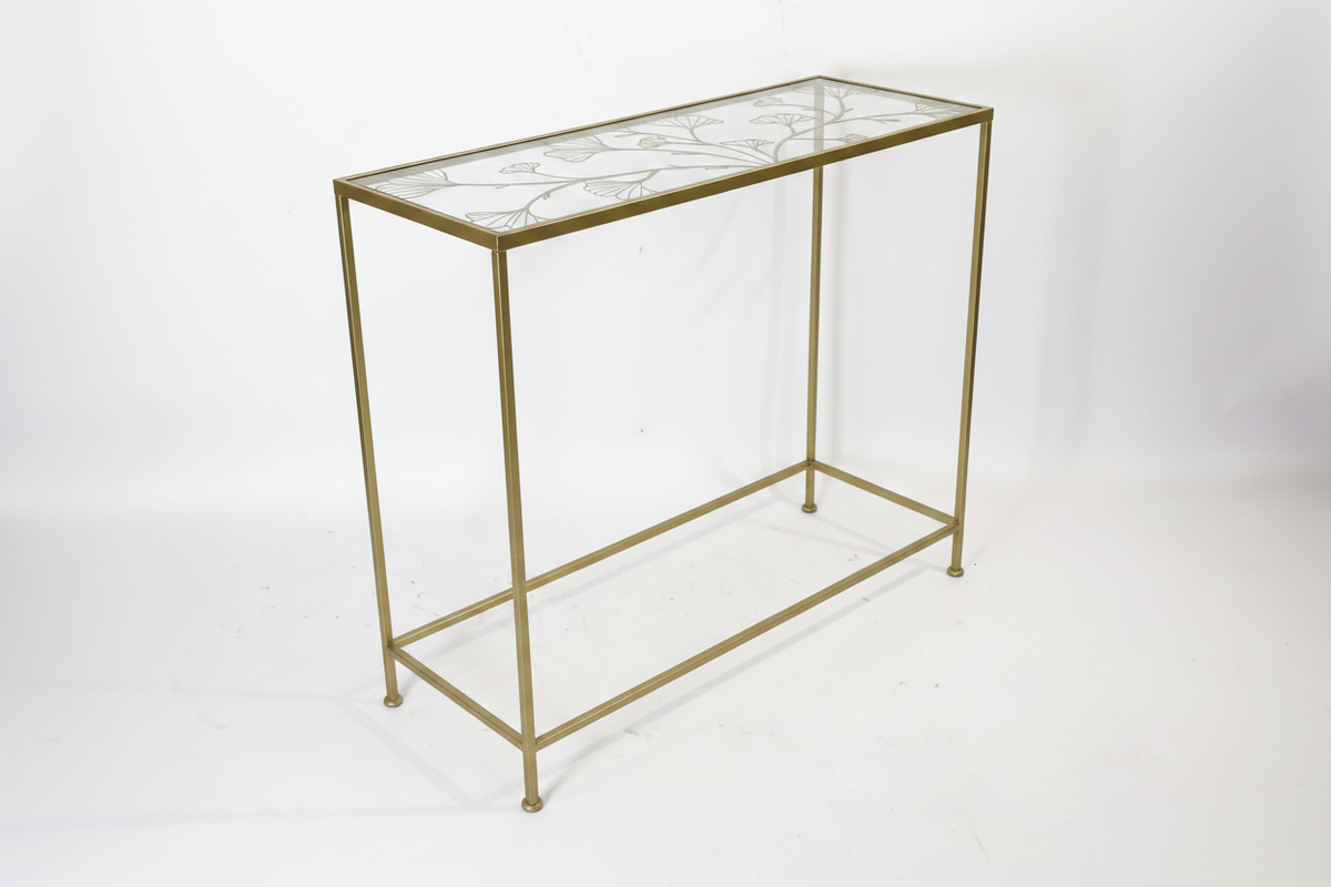 Consola Rectangular Dorada con Diseño Ginkgo en Vidrio – Set x2