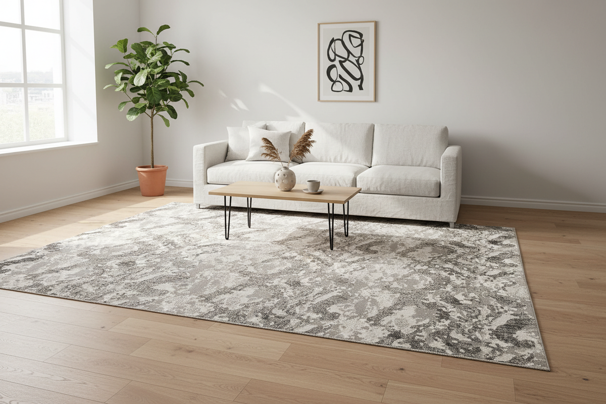 Alfombra abstracta en living minimalista