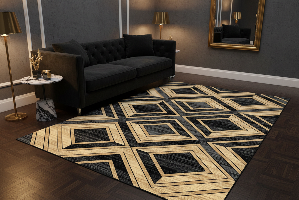 Alfombra Art Decó negro y dorado en sala glam con sofá negro y accesorios dorados