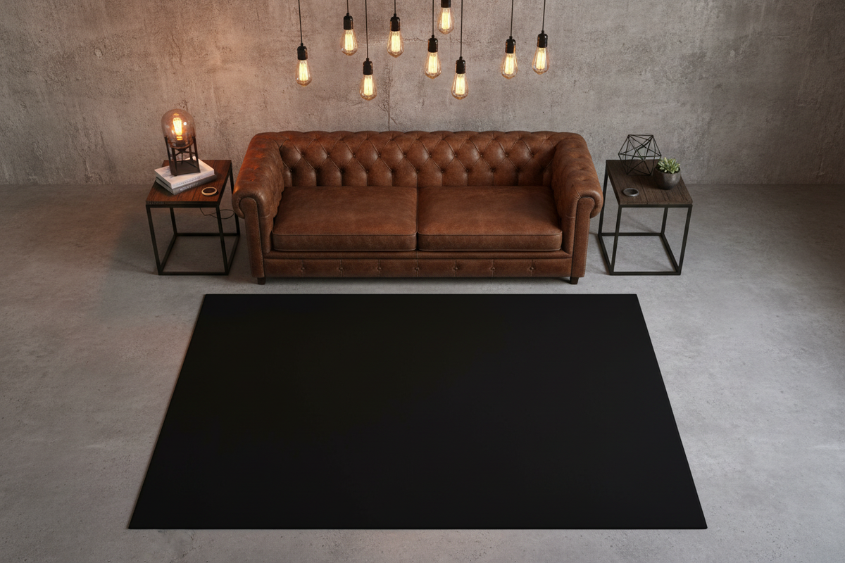 Alfombra negra en loft industrial