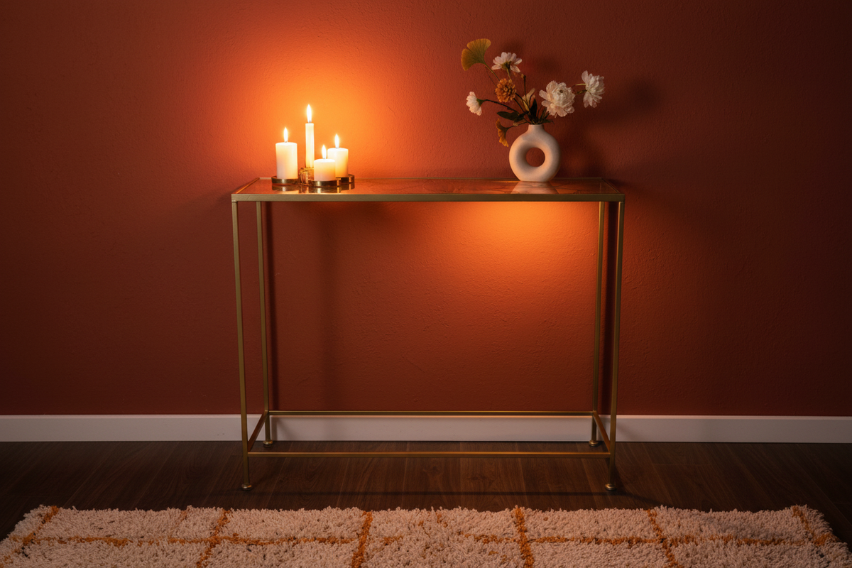 Consola dorada ginkgo ambiente cálido terracota