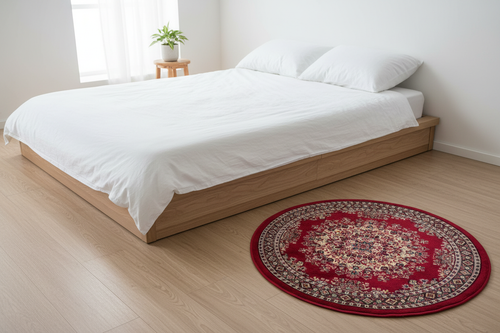 Alfombra redonda en dormitorio minimalista