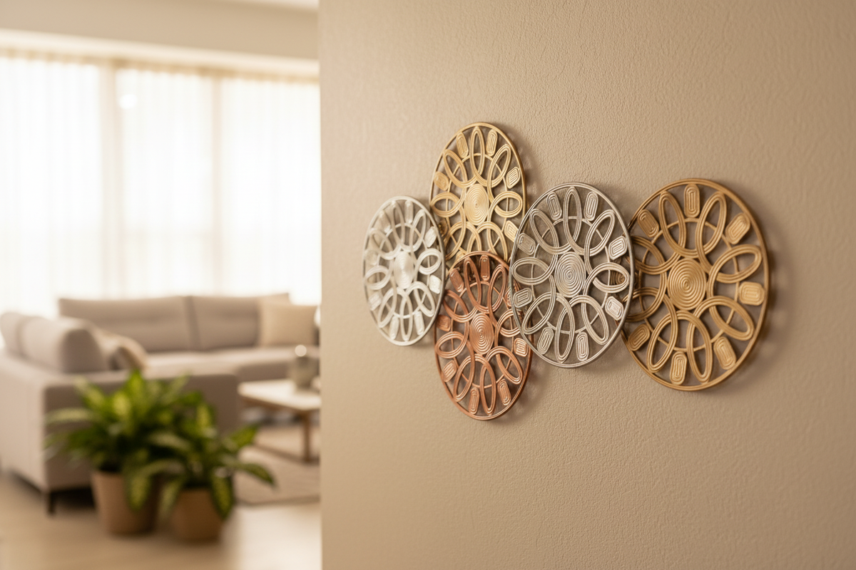 Decoración de pared metálica mandala en sala moderna con pared beige