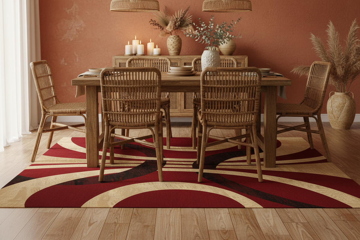Alfombra rojo borgoña en comedor bohemio con mesa de madera y pared terracota