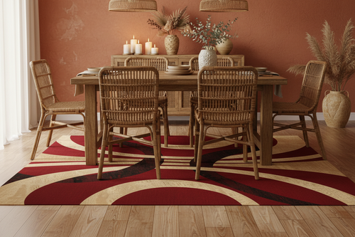 Alfombra rojo borgoña en comedor bohemio con mesa de madera y pared terracota