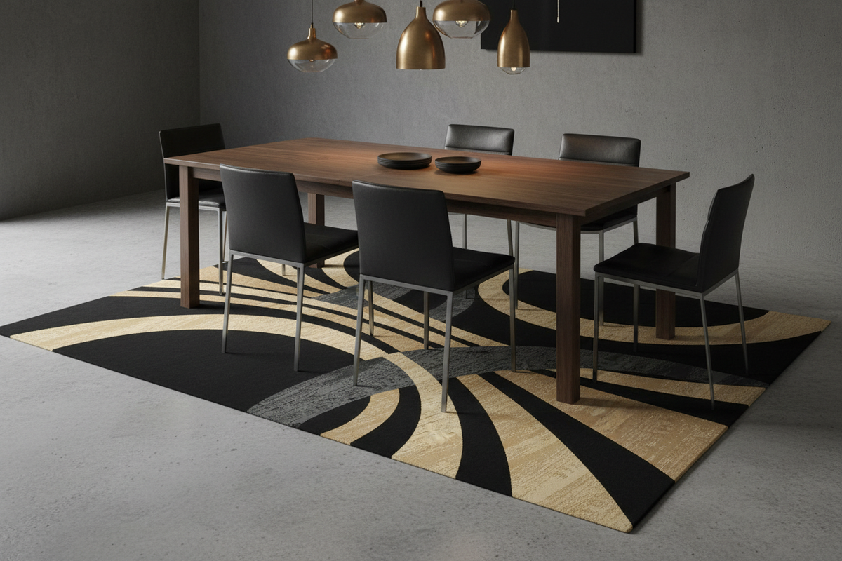 Alfombra negro y dorado en comedor industrial con mesa de nogal y paredes grises