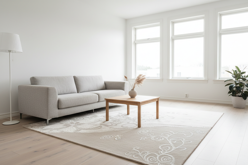 Alfombra floral estrellas en living minimalista