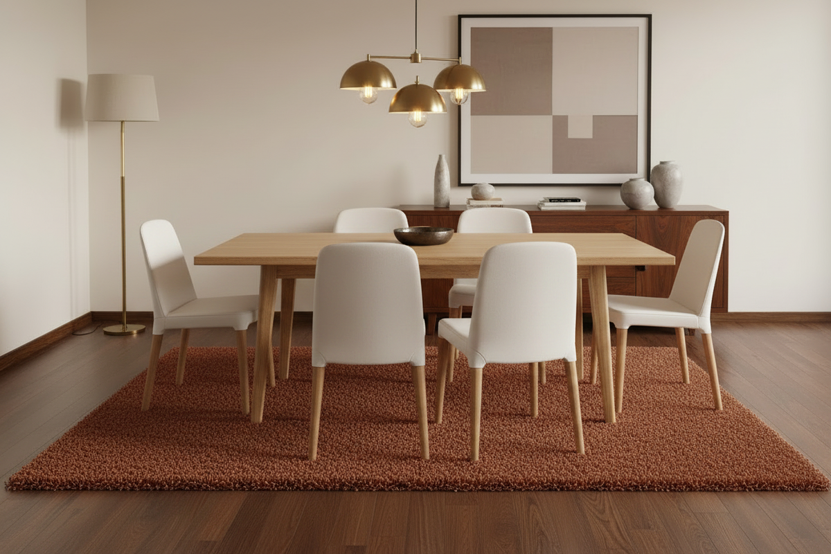 Alfombra Shaggy Doral Terracota en comedor rectangular