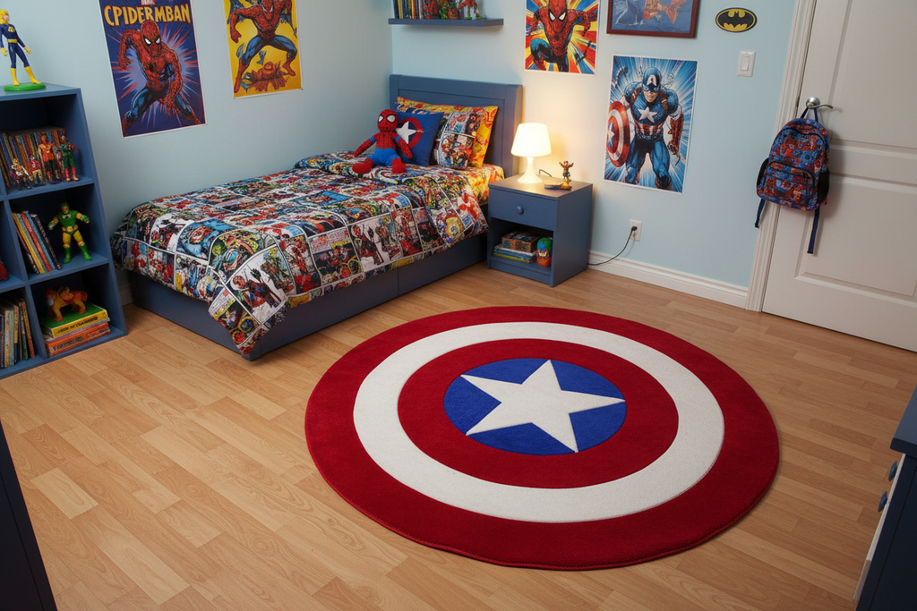 Alfombra escudo superhéroe - ambiente dormitorio infantil