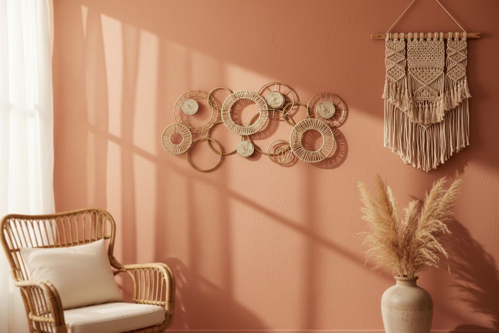Decoración rústica aros dorados en sala bohemia con pared terracota