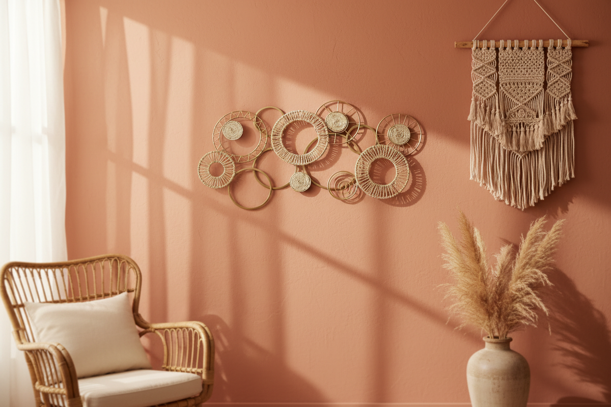 Decoración rústica aros dorados en sala bohemia con pared terracota