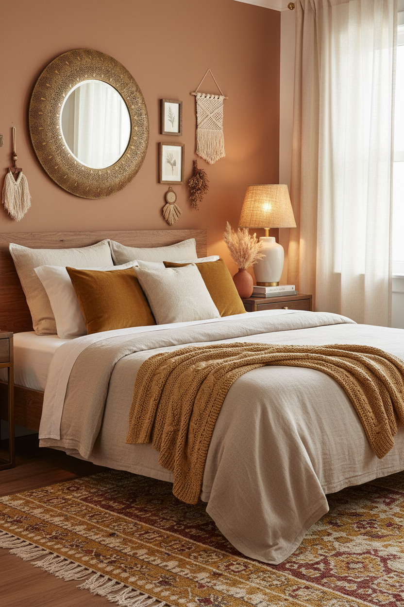 Espejo dorado filigrana en dormitorio boho-glam