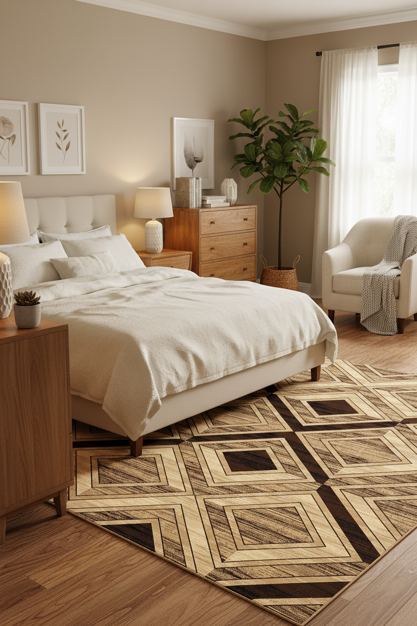 Alfombra geométrica café en dormitorio acogedor