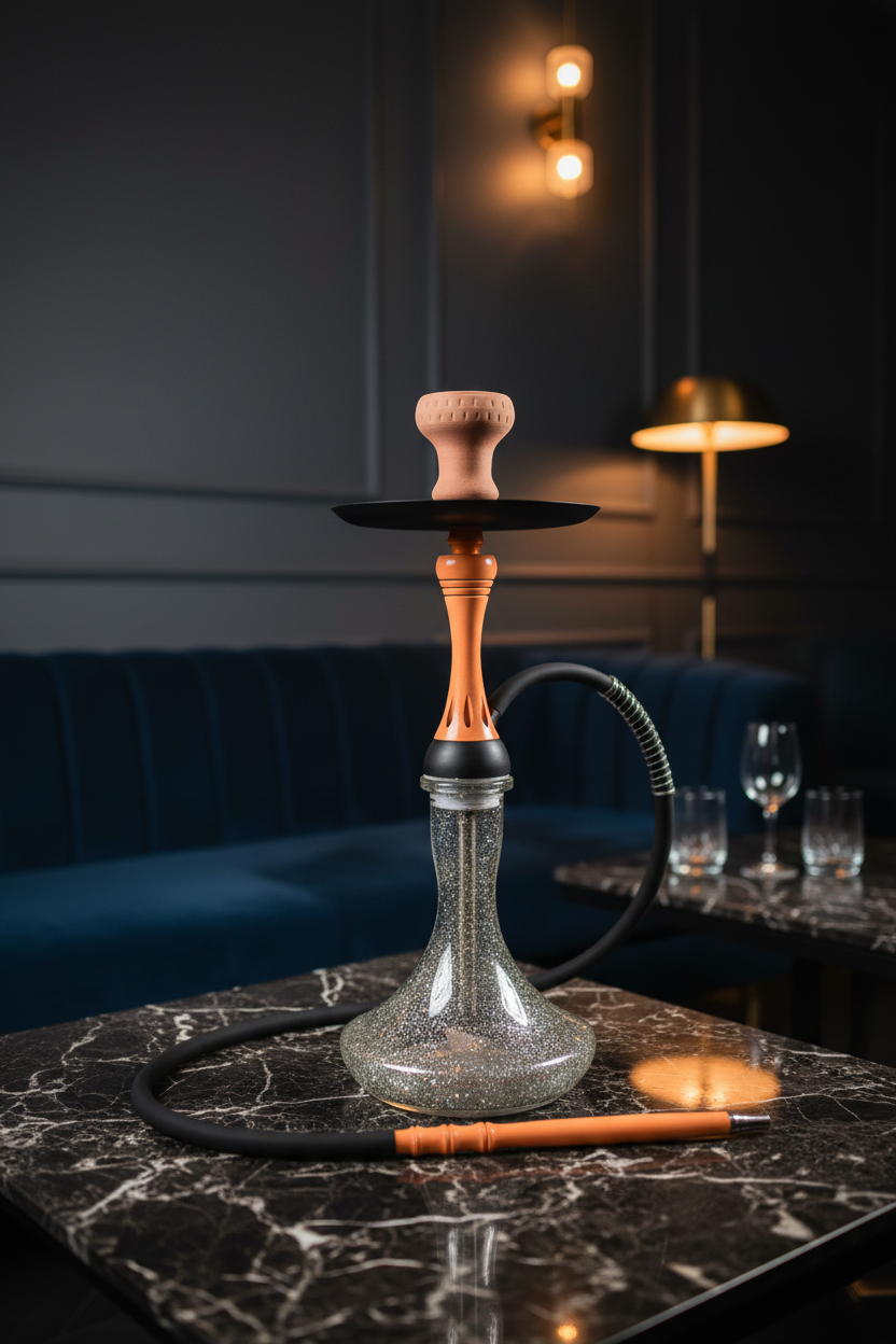 Hookah cachimba en lounge moderno con mármol oscuro e iluminación dorada