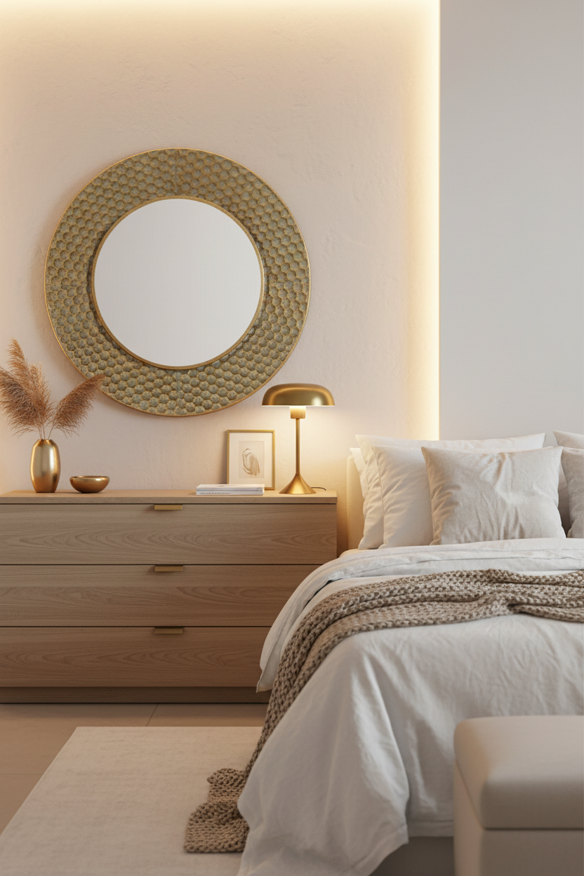 Espejo dorado martillado en dormitorio elegante