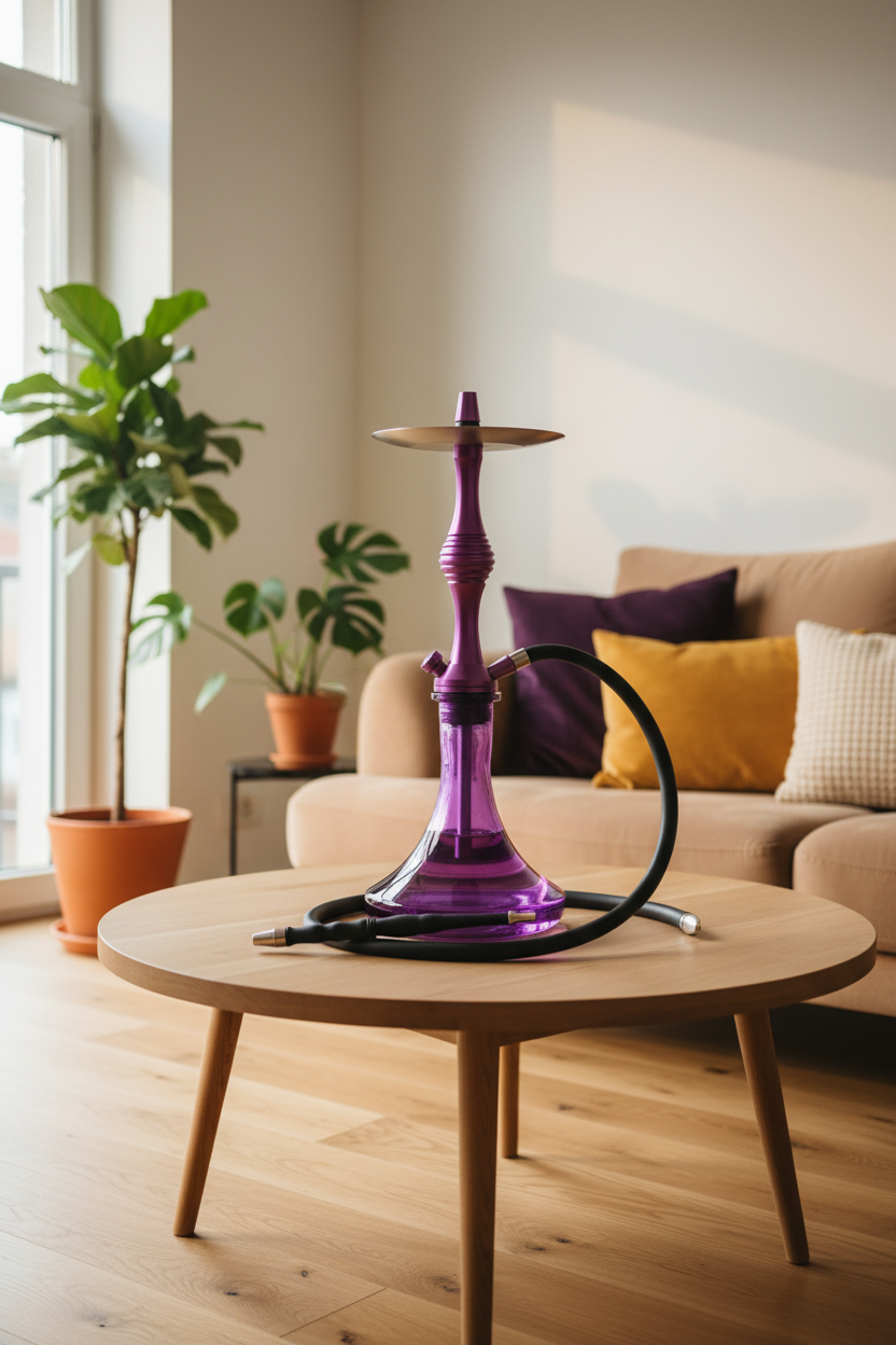 Cachimba hookah morada en ambiente de living moderno