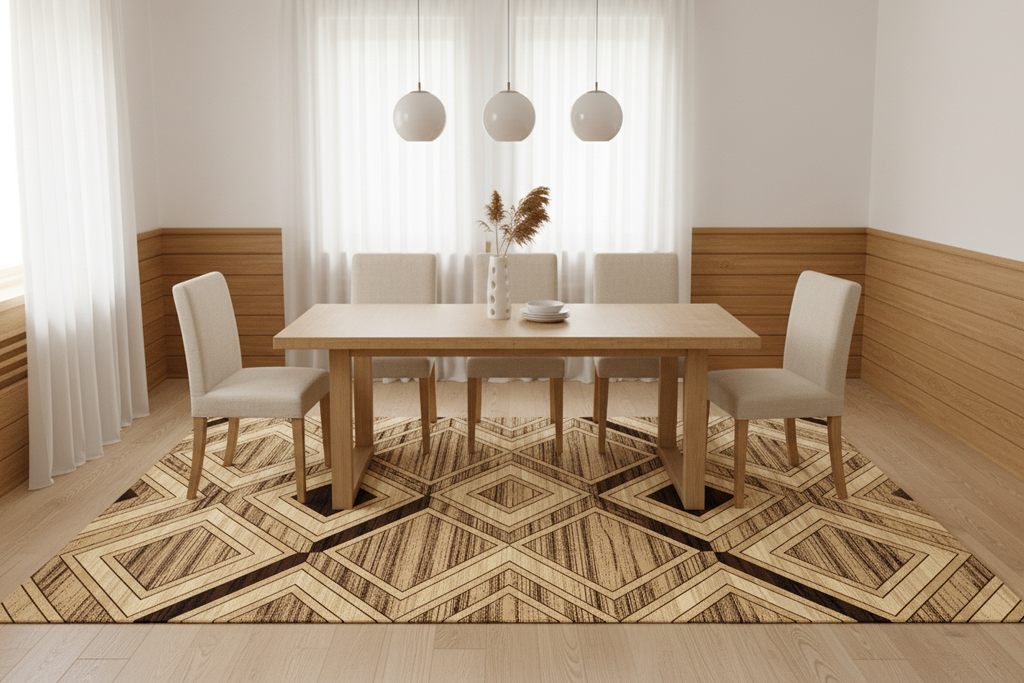 Alfombra geométrica beige y café en comedor escandinavo con mesa de roble y sillas de lino
