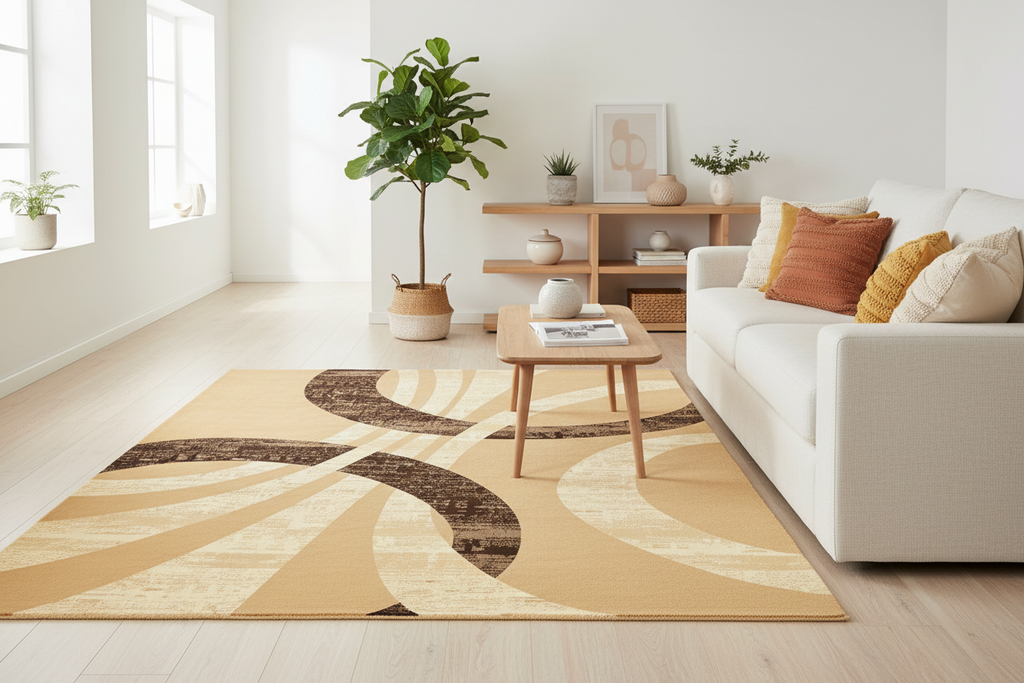 Alfombra beige y café en sala escandinava con muebles de madera y luz natural