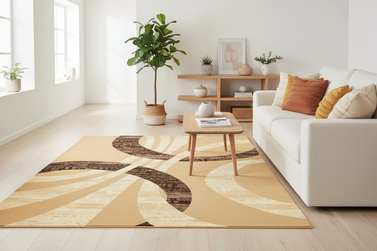 Alfombra beige y café en sala escandinava con muebles de madera y luz natural