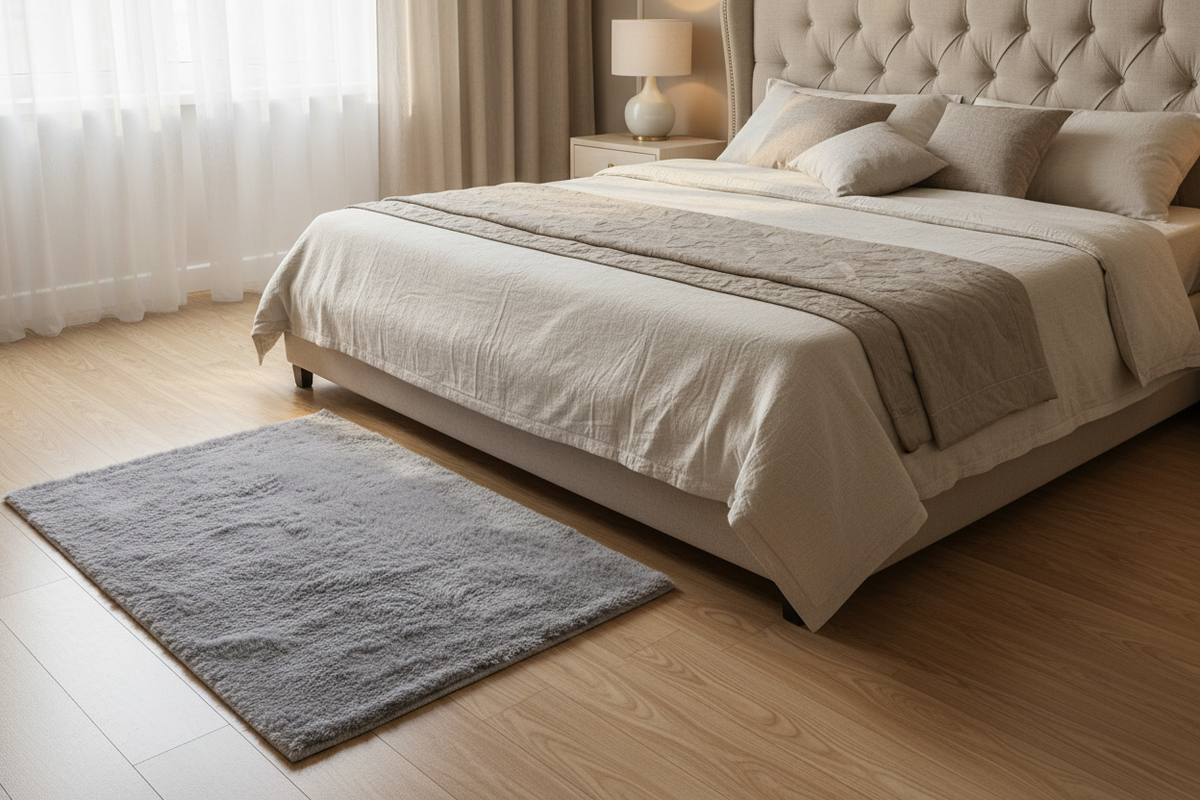 Bajada de cama gris en dormitorio ambiente 1