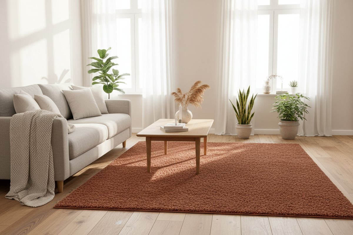 Alfombra Shaggy Doral Terracota en living