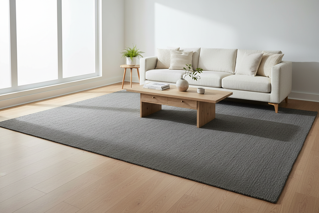 Alfombra gris antracita en salón escandinavo moderno