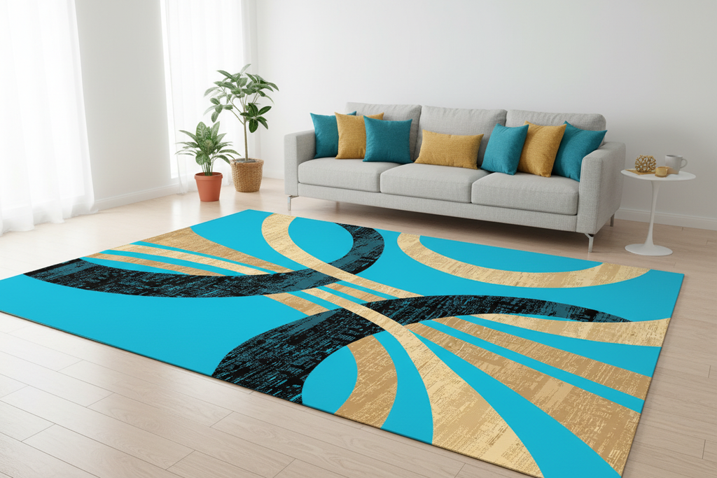 Alfombra turquesa y dorado en sala contemporánea con sofá gris y cojines turquesa