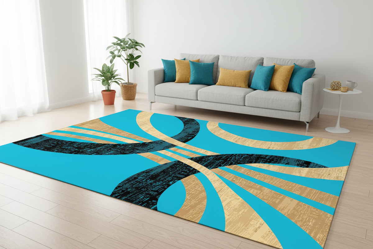 Alfombra turquesa y dorado en sala contemporánea con sofá gris y cojines turquesa