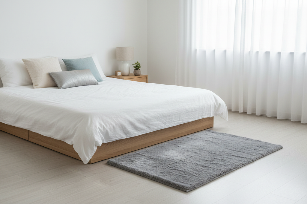 Bajada de cama gris en dormitorio ambiente 2