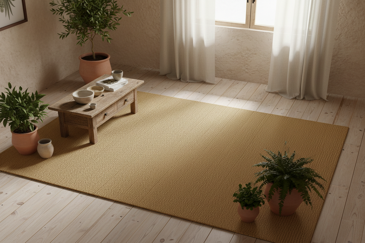 Alfombra camel dorado en salón mediterráneo