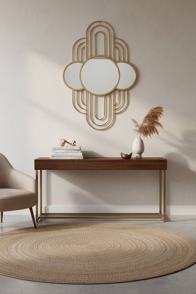 Espejo Art Déco dorado en living pared neutra