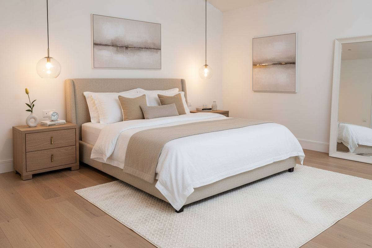 Alfombra ivory en ambiente dormitorio de lujo