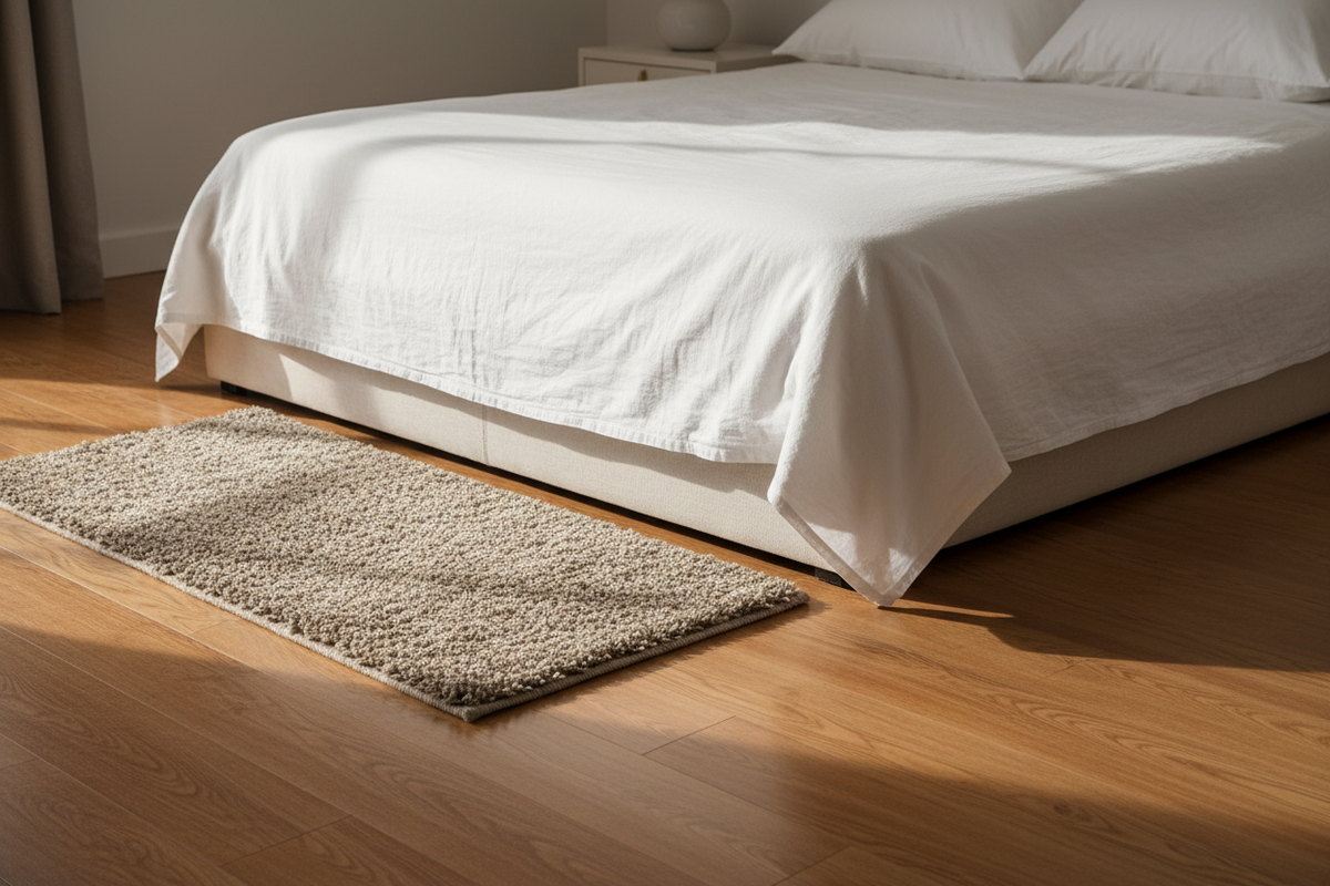 Alfombra Shaggy Doral Beige bajada de cama lateral