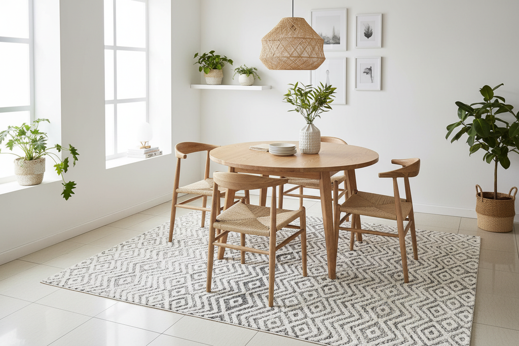 Alfombra turca diamante en ambiente comedor moderno
