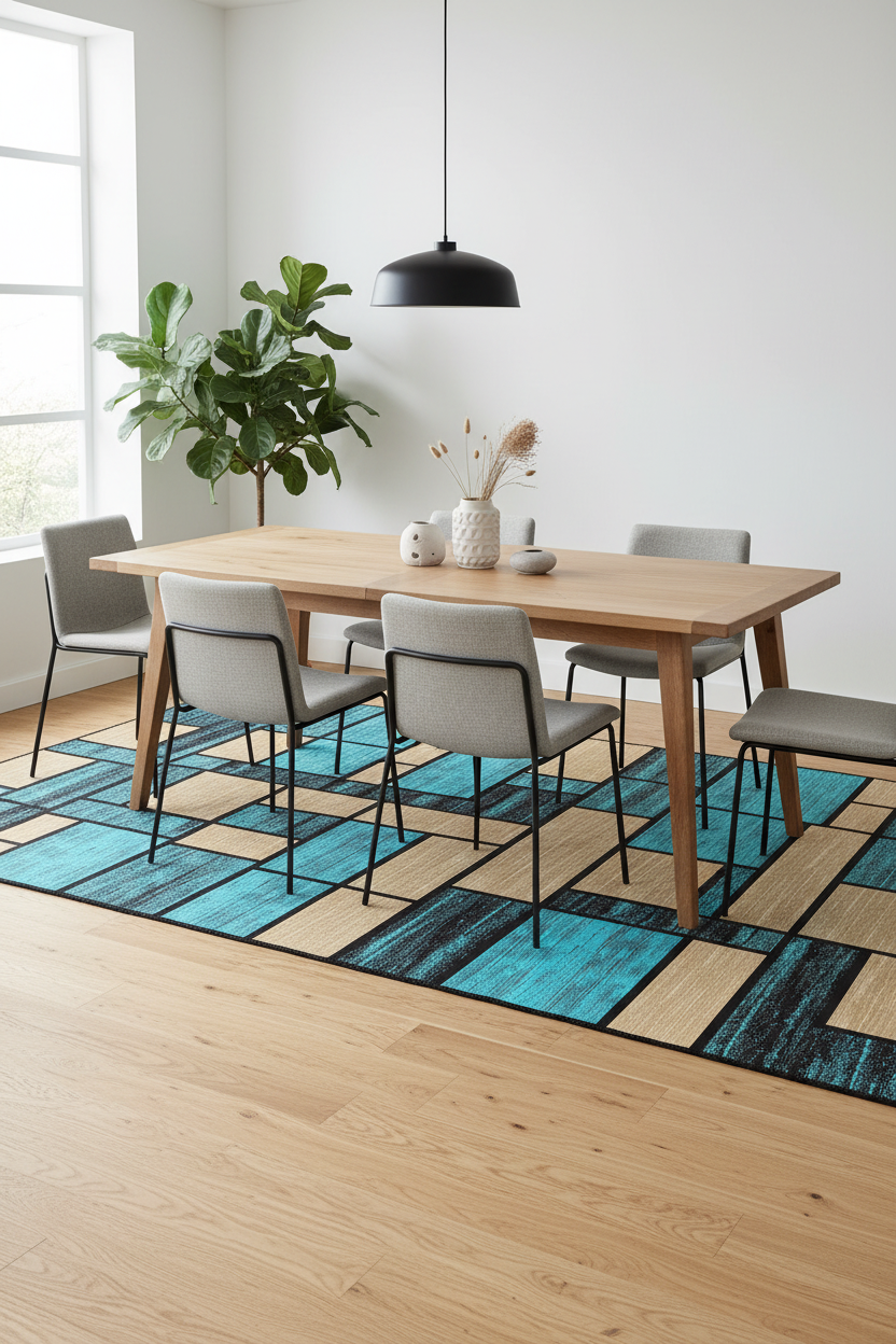 Alfombra geométrica turquesa en comedor contemporáneo