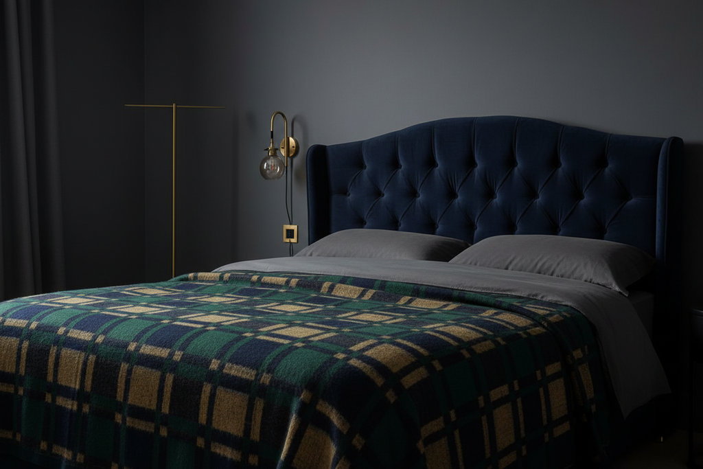 Frazada tartán verde en dormitorio boutique oscuro