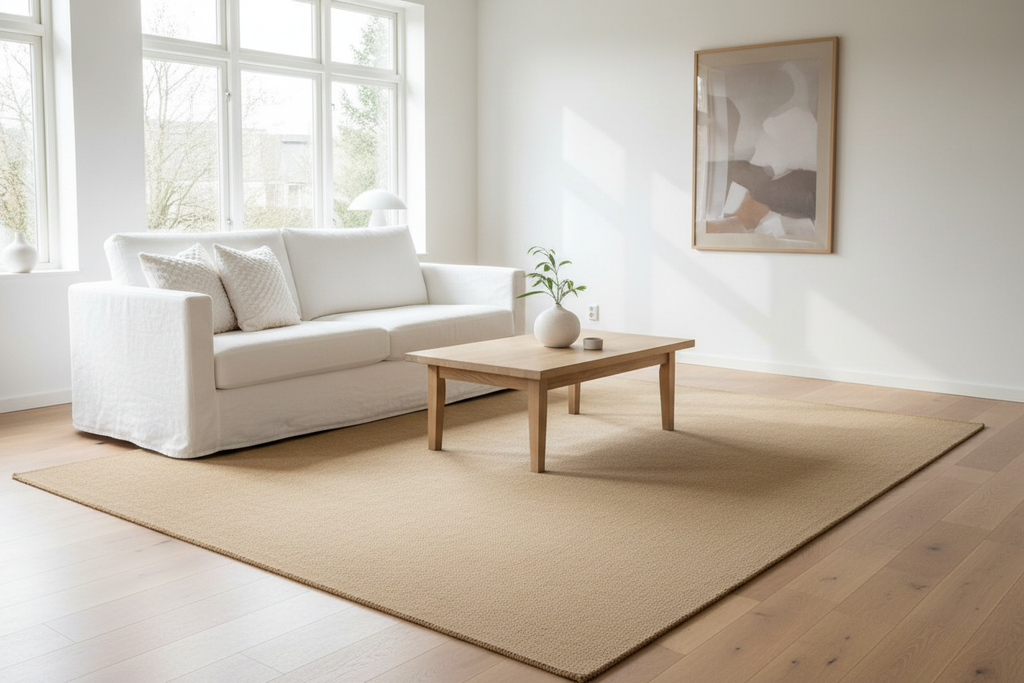 Alfombra camel dorado en salón escandinavo