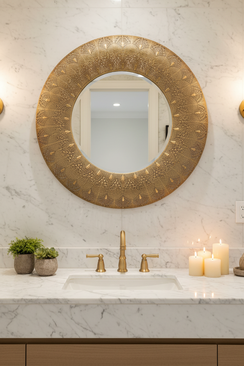 Espejo dorado filigrana en baño de lujo con mármol