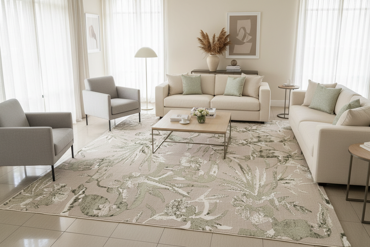 Alfombra tropical en ambiente living