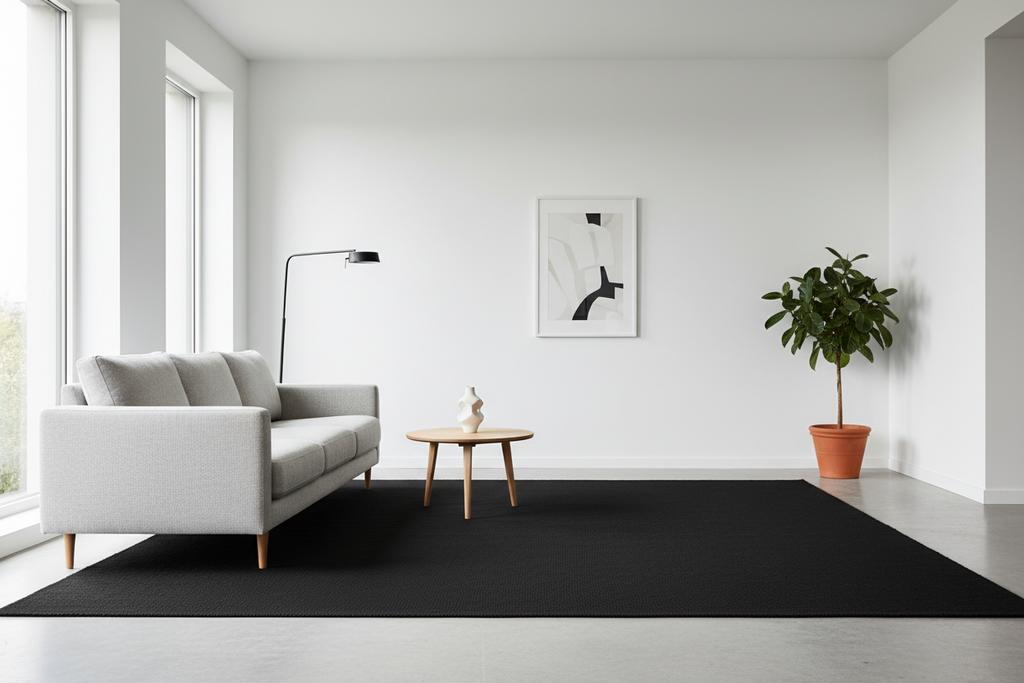 Alfombra negra en salón escandinavo moderno