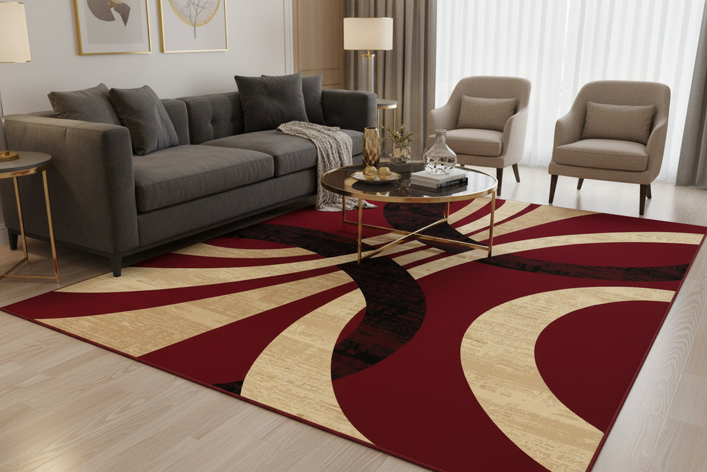Alfombra rojo borgoña en sala moderna con sofá gris oscuro y detalles dorados