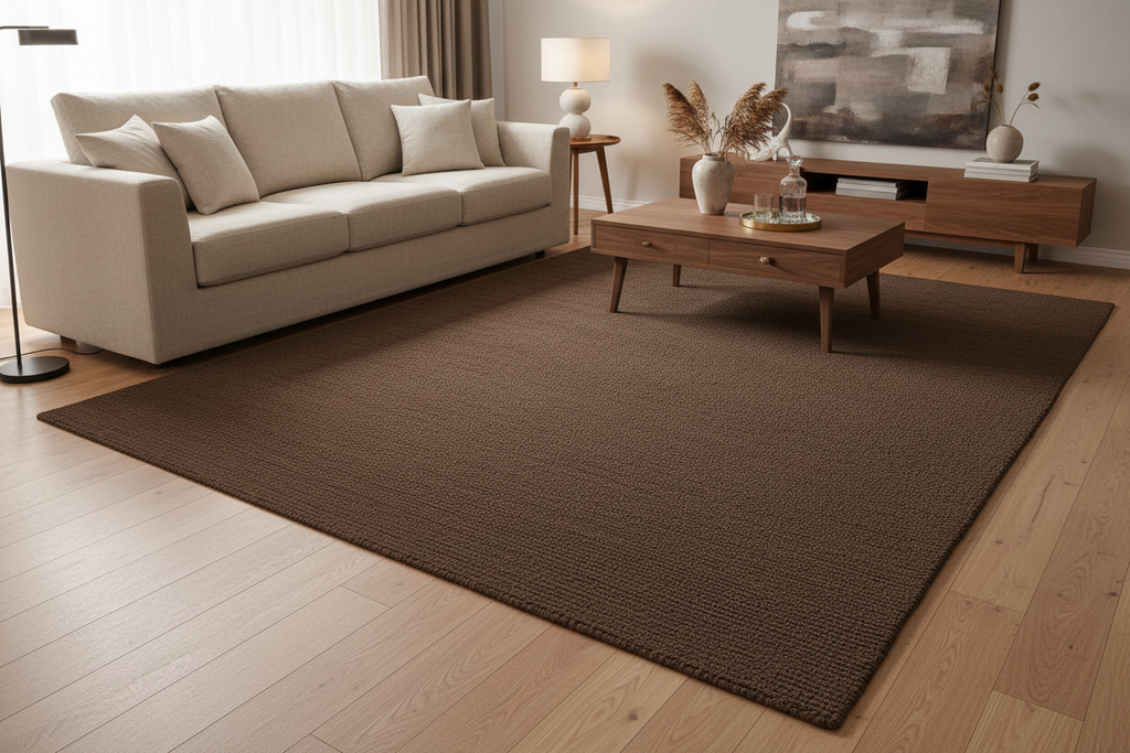 Alfombra chocolate oscuro en salón moderno
