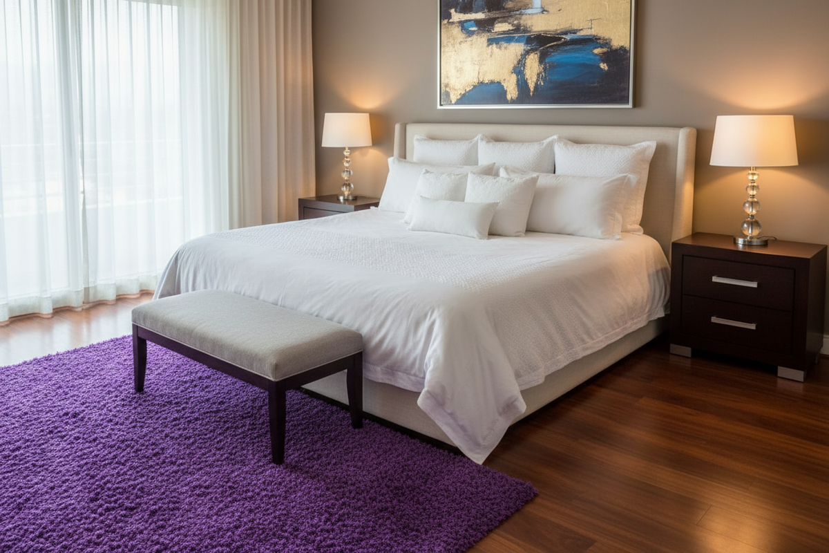 Alfombra Shaggy Doral Morada en dormitorio