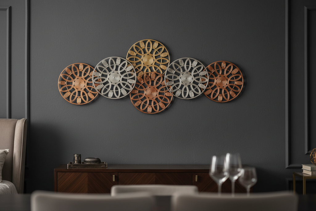 Decoración de pared metálica mandala en ambiente premium con pared oscura