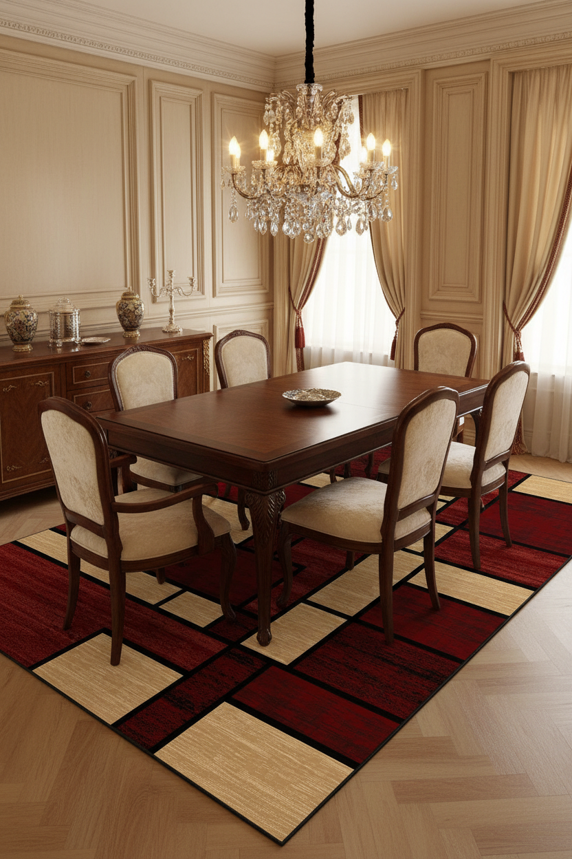Alfombra rojo burdeos en comedor de lujo