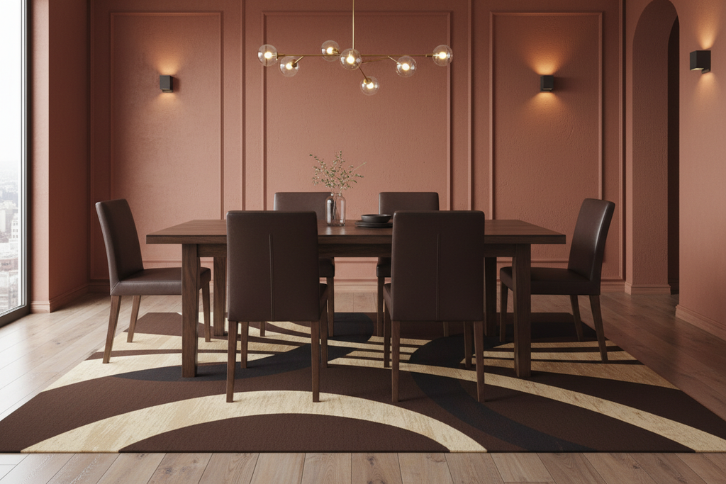 Alfombra abstracta café y beige en comedor elegante con pared terracota