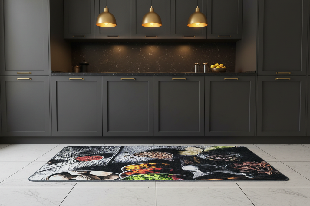 Alfombra cocina especias vintage - ambiente cocina oscura elegante